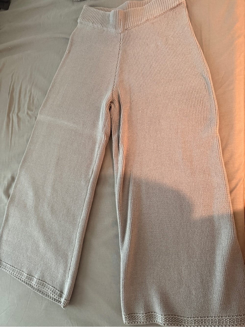 Wide-Leg Knit Pants in Light Beige
